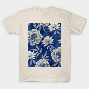 Indigo blue peony pattern T-Shirt